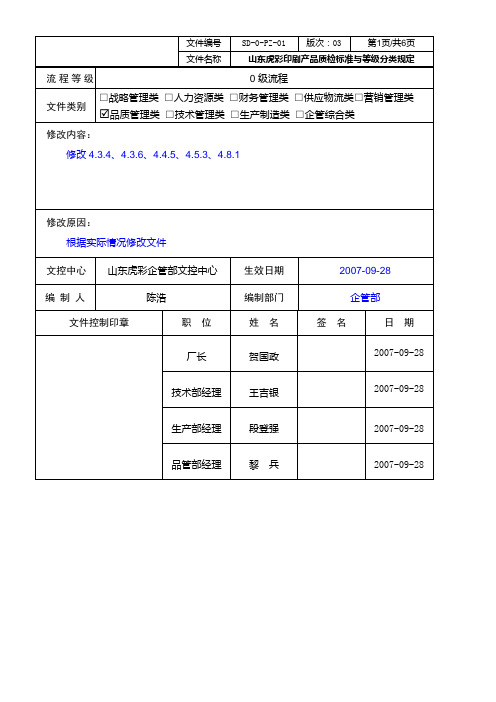 山东虎彩印刷产品质检标准与等级分类规定