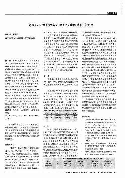 高血压左室肥厚与左室舒张功能减低的关系