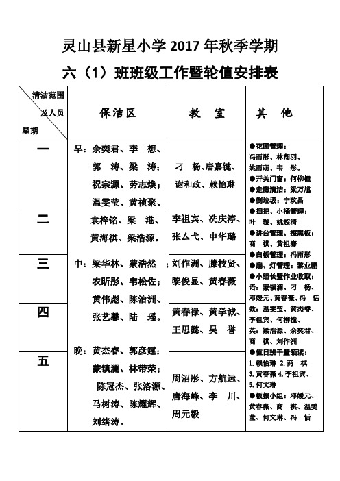 六(1)班班级工作暨轮值安排表