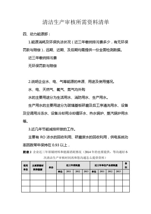 清洁生产审核所需资料清单