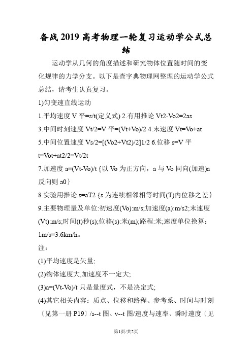 备战高考物理一轮复习运动学公式总结