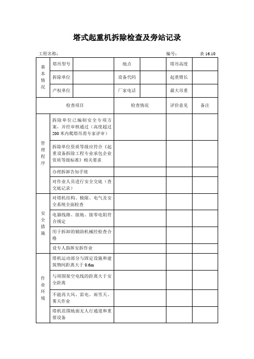 塔式起重机拆除检查及旁站记录