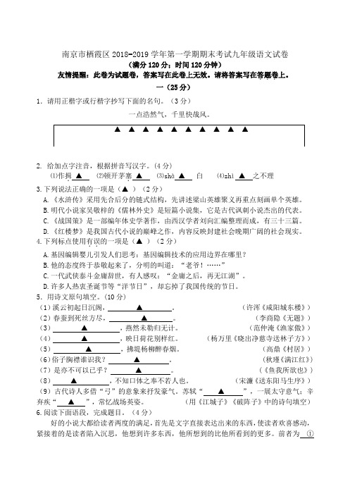 江苏省南京市栖霞区2018-2019学年第一学期期末考试九年级语文试卷