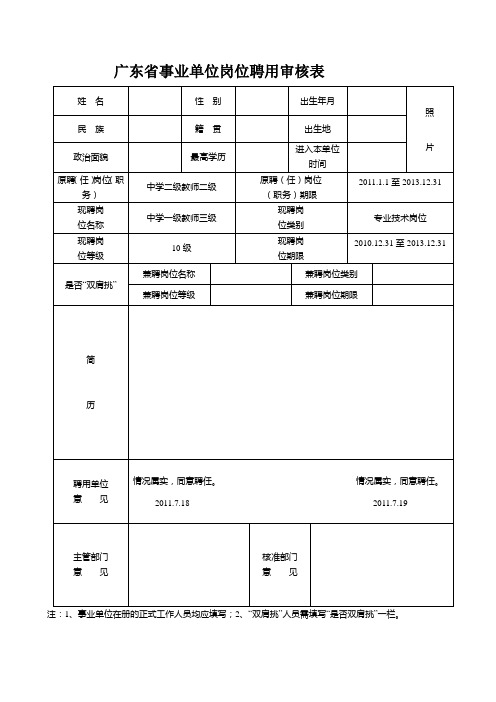 广东省事业单位岗位聘用审核表(样板)