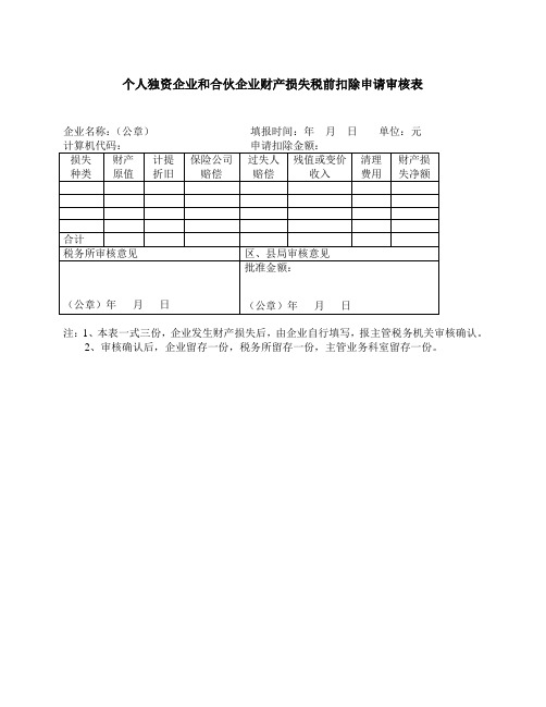 个人独资企业和合伙企业财产损失税前扣除申请审核表