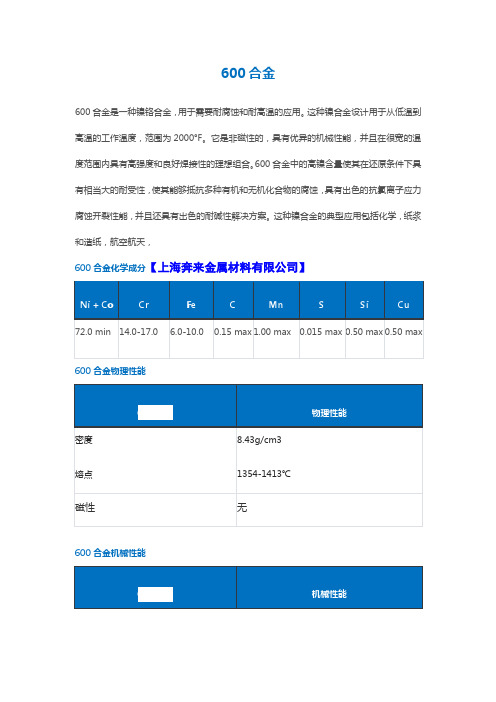 600合金材料性能介绍