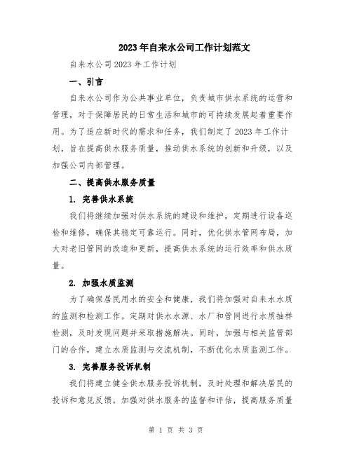 2023年自来水公司工作计划范文