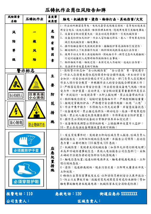 压铸机械作业岗位风险告知牌