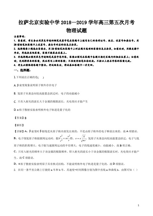 精品解析：【全国百强校】西藏拉萨北京实验中学2019届高三第五次月考物理试题(解析版)