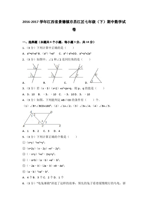 2016-2017学年江西省景德镇市昌江区七年级(下)期中数学试卷