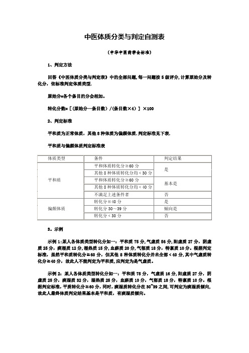 中医体质辨识标准(评分表)