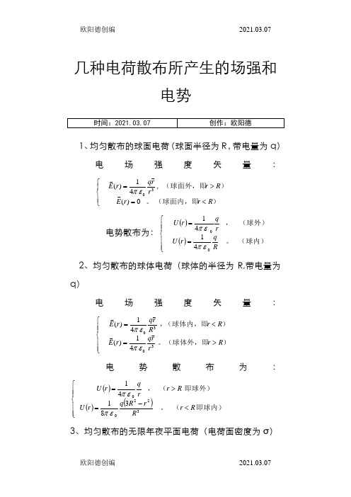 几种典型带电体的场强和电势公式之欧阳德创编