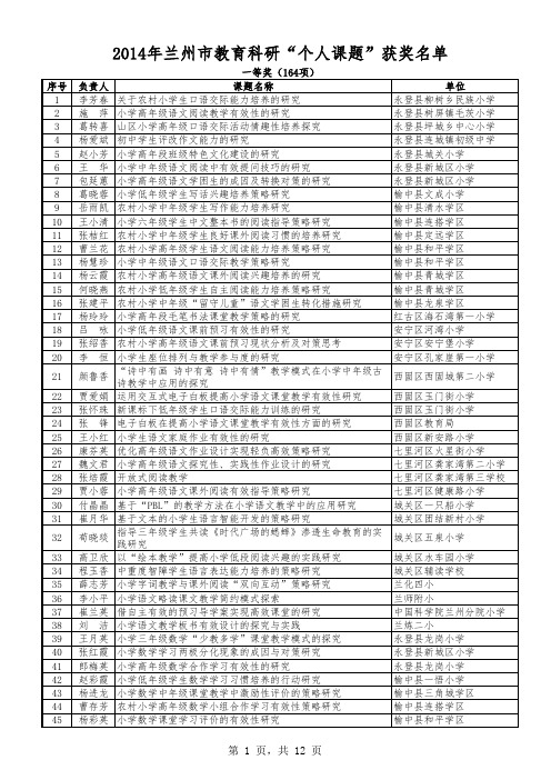 2014年兰州市个人课题评奖结果名单