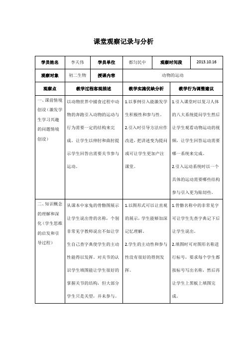初中生物课堂观察记录与分析(李天伟)
