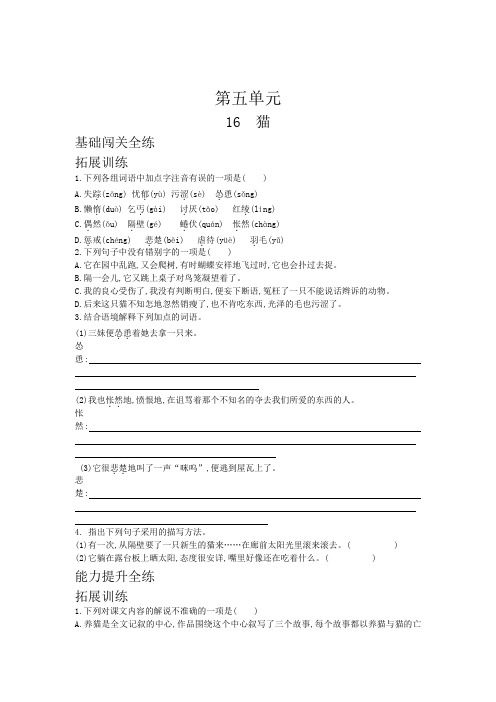 2019秋人教部编版七年级语文上册拓展训练：第五单元第16课猫