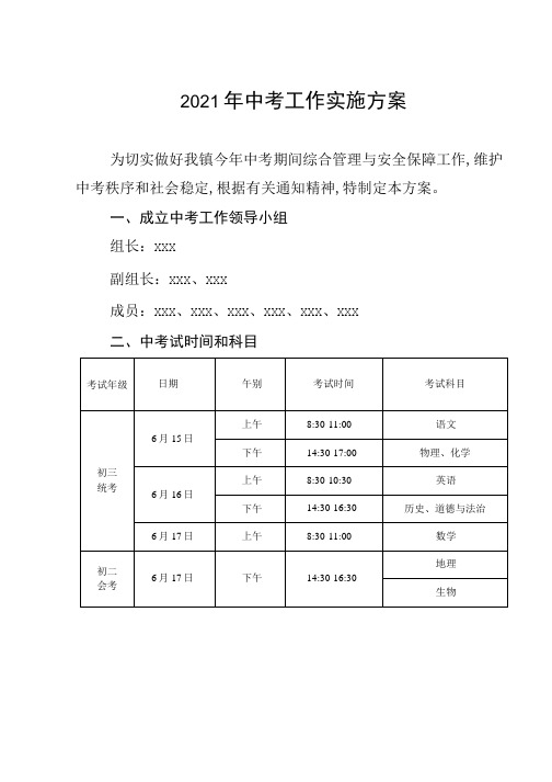 2021年中考工作实施方案范本