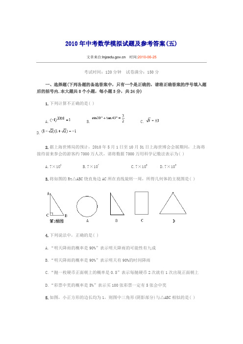 2010年中考数学模拟试题及参考答案