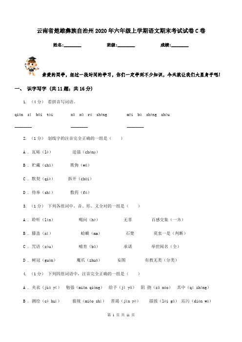 云南省楚雄彝族自治州2020年六年级上学期语文期末考试试卷C卷