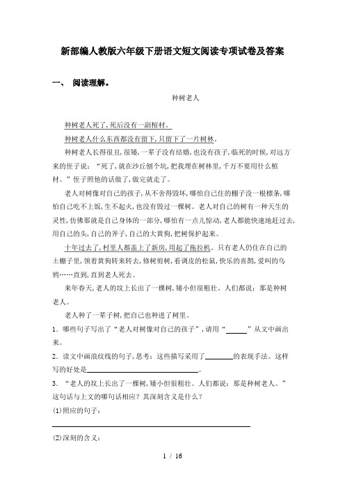 新部编人教版六年级下册语文短文阅读专项试卷及答案