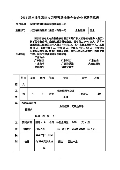 2014届毕业生顶岗实习暨预就业推介会企业招聘信息表