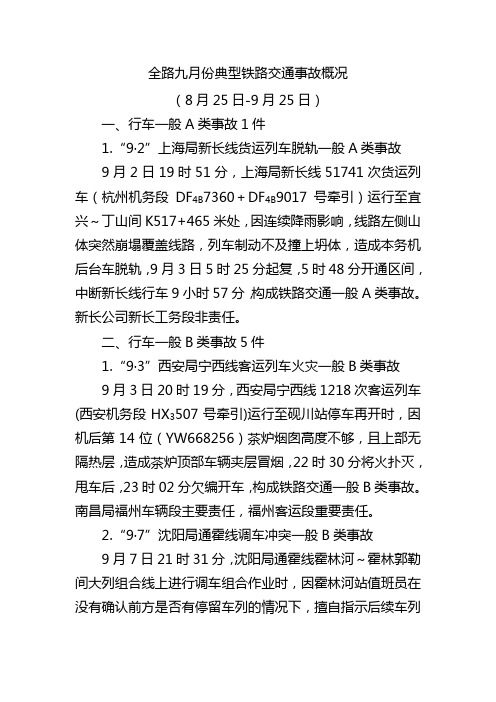 全路九月份典型铁路交通事故概况(2010-8.25-9.25)