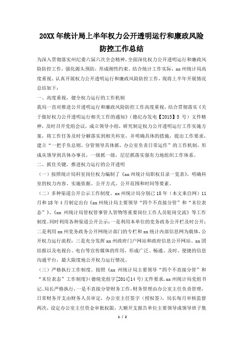 2019年统计局上半年权力公开透明运行和廉政风险防控工作总结