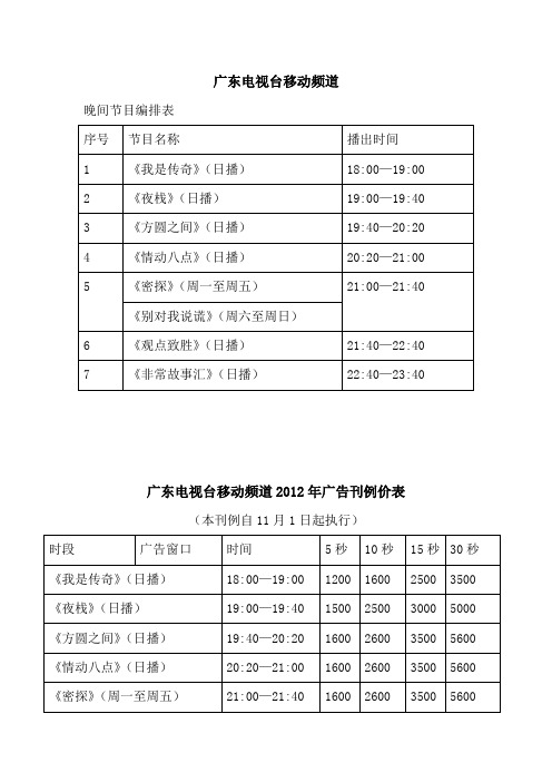 广东电视台移动频道节目表及价格