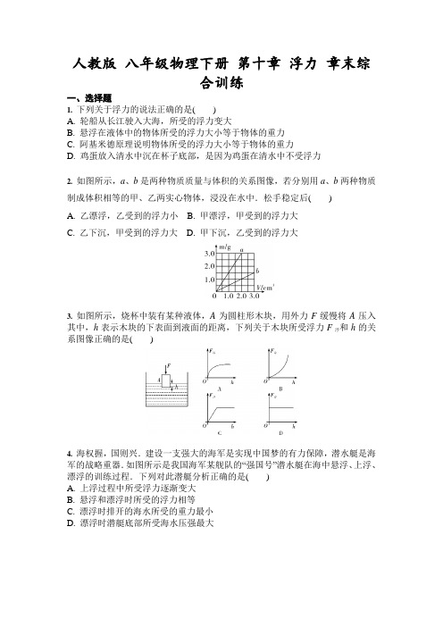 2020-2021学年人教版 八年级物理下册 第十章 浮力 章末综合训练(含答案)