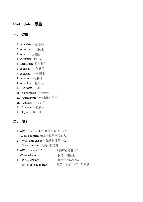 五年级上册英语素材-重点知识汇总：Unit 1 Jobs 北师大版(三起)
