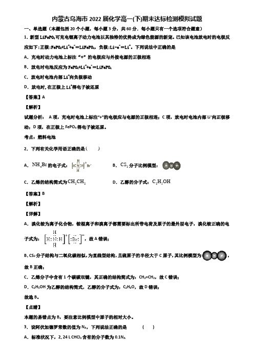 内蒙古乌海市2022届化学高一(下)期末达标检测模拟试题含解析