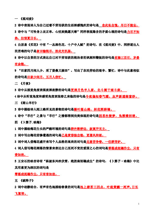 九年级上语文课内外古诗词理解性默写重点打印
