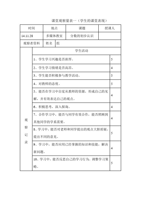 课堂观察量表一(学生的课堂表现) Microsoft Word 文档