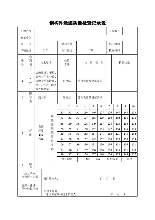 钢构件涂装质量检查记录表