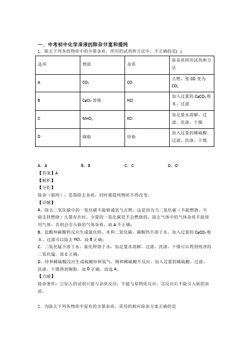 中考化学综合题专练∶溶液的除杂分离和提纯及详细答案