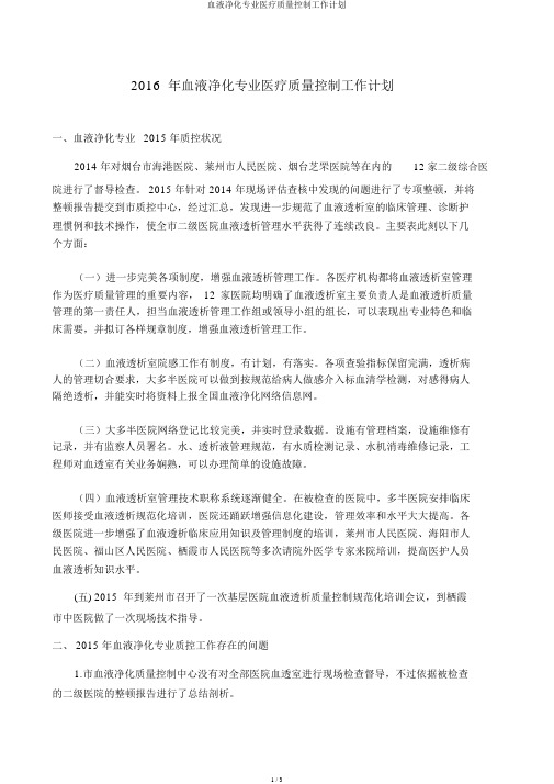 血液净化专业医疗质量控制工作计划