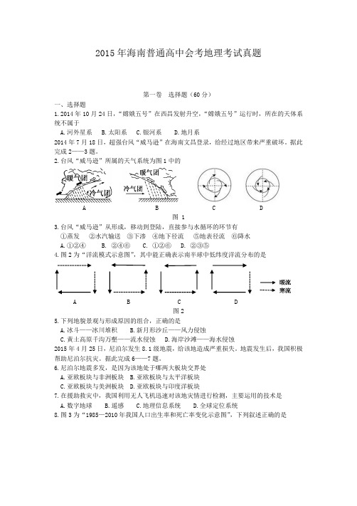 2015年海南普通高中会考地理考试真题