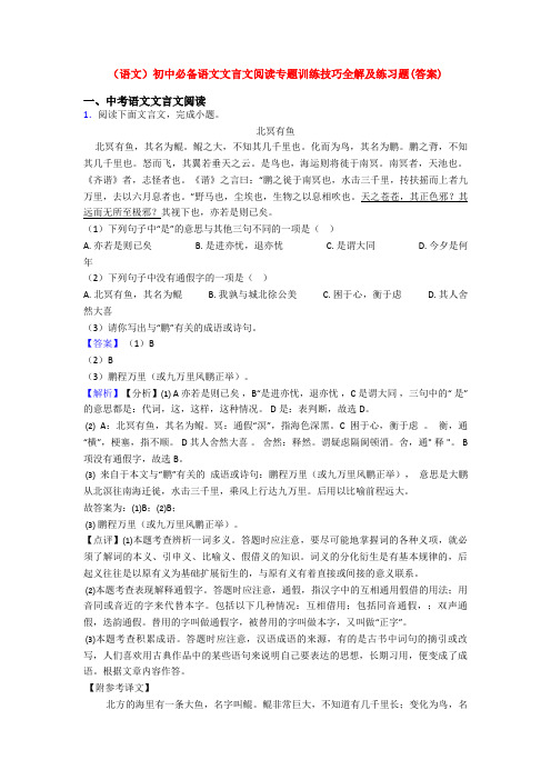 (语文)初中必备语文文言文阅读专题训练技巧全解及练习题(答案)