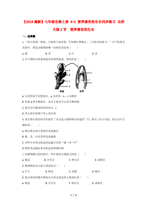 【2019最新】七年级生物上册 6-2 营养器官的生长同步练习 北师大版