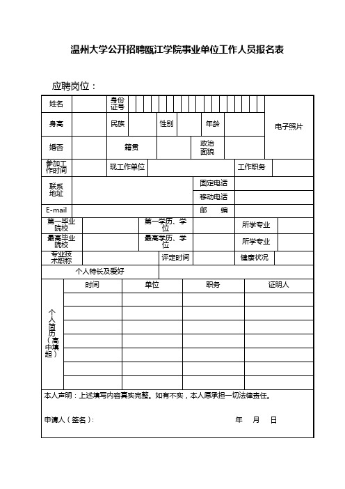 XX大学公开招聘瓯江学院事业单位工作人员报名表【模板】