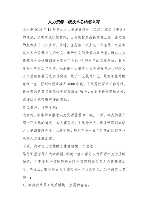 优秀工作总结范文：人力资源二级技术总结怎么写