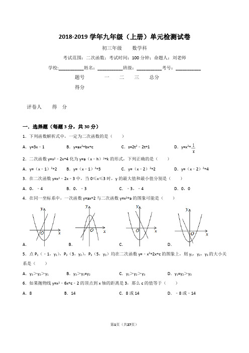 2018-2019学年九年级上册二次函数单元检测试卷(含详细答案解析,考点全面,难度中上)
