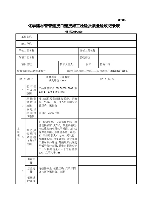 化学建材管管道接口连接施工检验批质量验收记录表