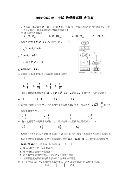 2019-2020年中考试 数学理试题 含答案