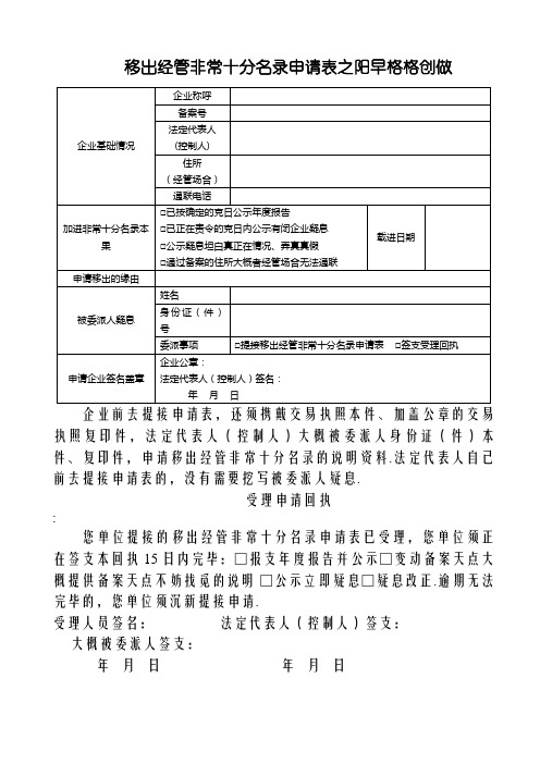 移出经营异常名录申请表(模板)