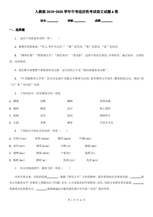 人教版2019-2020学年中考适应性考试语文试题A卷