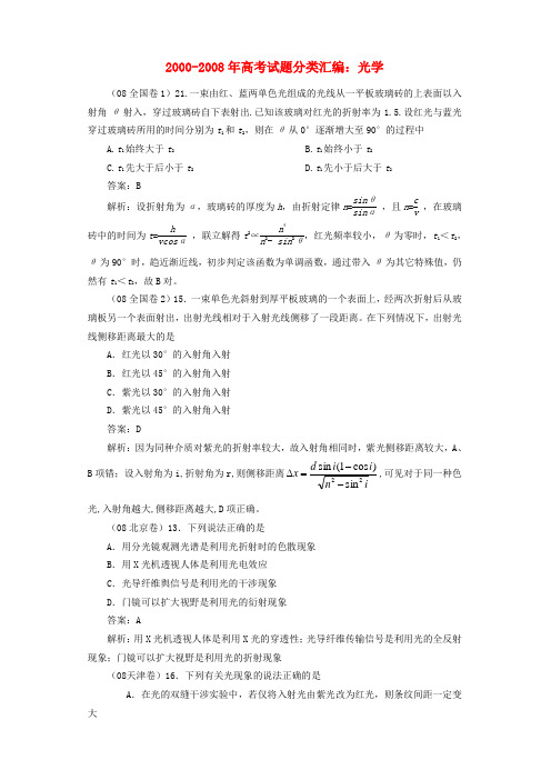 2000年-高考物理 光学试题分类汇编