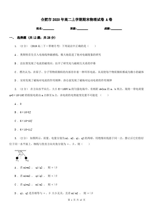 合肥市2020年高二上学期期末物理试卷 A卷(模拟)