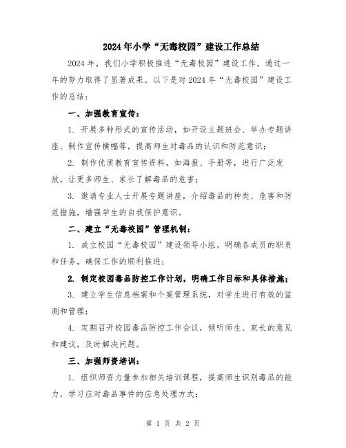 2024年小学“无毒校园”建设工作总结