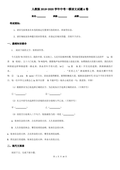 人教版2019-2020学年中考一模语文试题A卷(练习)