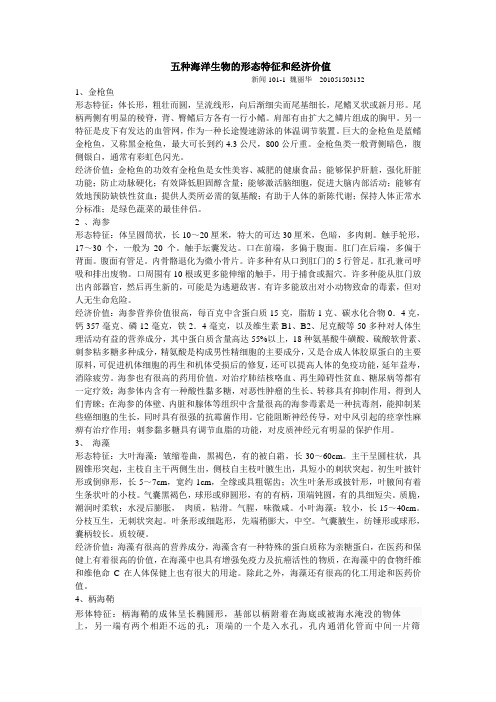 五种海洋生物的形态特征和经济价值